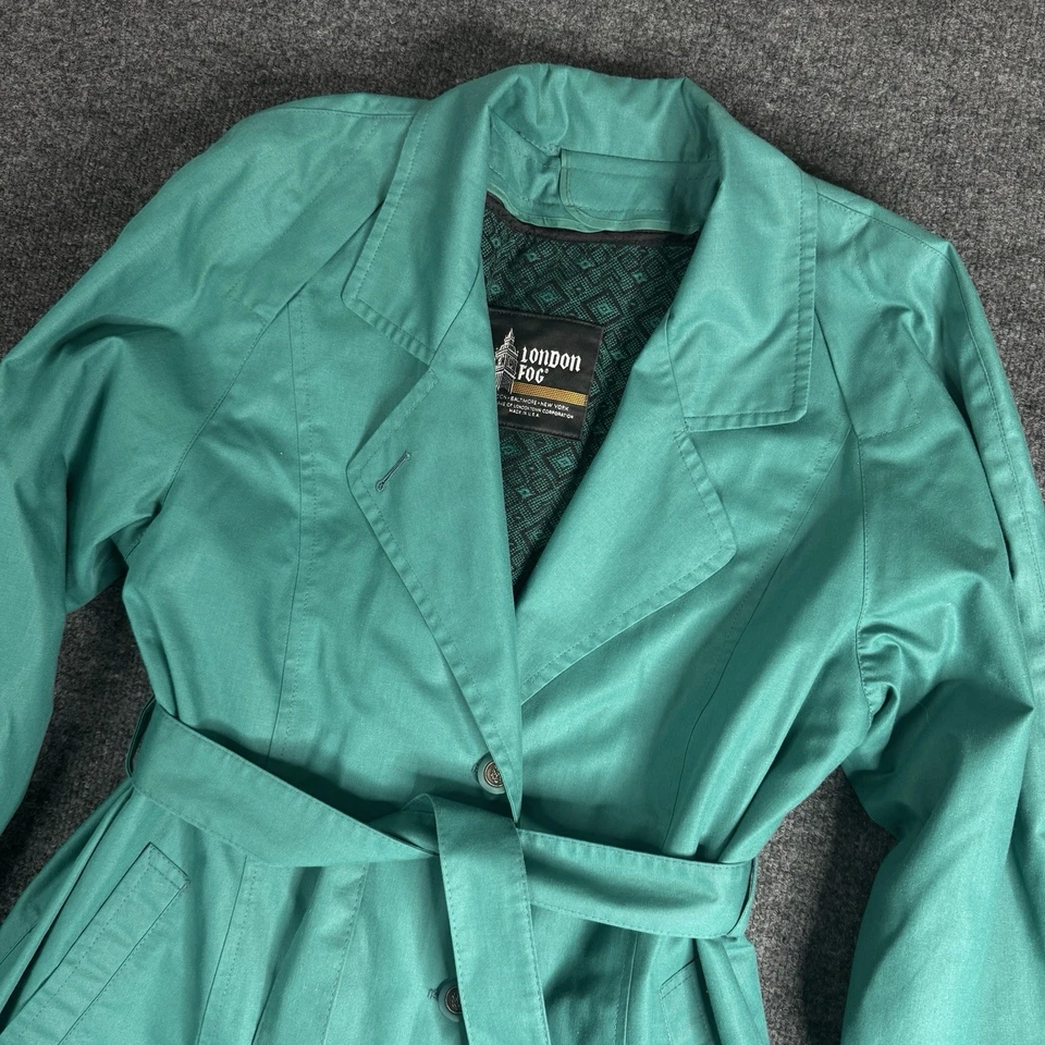 London Fog Womens Trench Coat Size 12 Regular Belted Vintage Raincoat Teal Green - Image 1 of 4