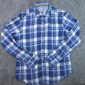 Bugatchi Shirt Medium Shaped Fit Blue Plaid Long Sleeve Button Up 100% Linen - Picture 1 of 8