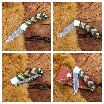 Custom Handmade Damascus Steel Folding Knife Green & Yellow Handle - Image 1 of 4
