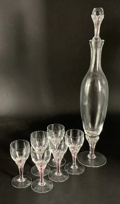 Kristall Schnapsgläser m. Karaffe; Belfor Bohemia; Roter Fadendekor; 7 Tlg - Bild 1 von 4