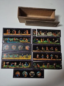 Antike Glasdias Laterna Magica im Holzkasten – 10 Stk handbemalt, defekt - Bild 1 von 3