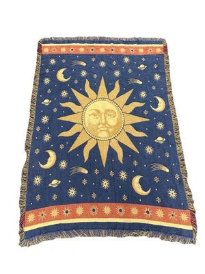 Vintage 90s Celestial Sun Moon & Stars Throw Blanket Tapestry Cosmos Whimsigoth - Image 1 of 4
