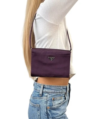 PRADA Vintage Triangle Logo Satin Shoulder Mini Bag Handbag Purple Silver - Image 1 of 4