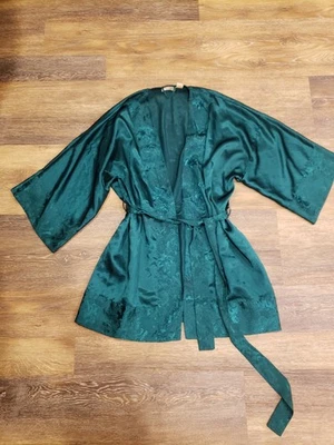 Antigo anos 80 Victoria's Secret tamanho único etiqueta dourada roupão acabamento floral quimono esmeralda - Imagem 1 de 4
