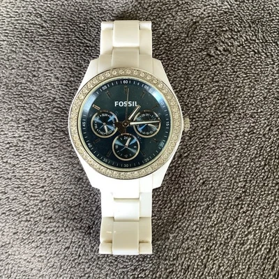 Fossil Rhinestone Bezel Blue Metallic Dial Unisex Watch White Plastic Case 37mm - Image 1 of 4