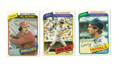 Lote de 3 estrellas de béisbol Topps 1980 A.L. George Brett, Yaz, Mike Schmidt casi nuevo/como nuevo Foto 1 de 2