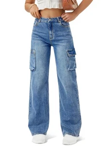 Women High Waisted Cargo Jean for Women with 6 Pockets Straight Wide Leg Jean... - Picture 1 of 6
