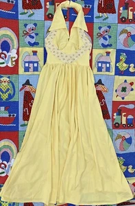 Vintage 1970s Point Collared Halter Maxi Dress XS-S Yellow Floral Formal Long - Picture 1 of 6