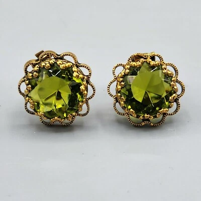 West Germany Olivine Green Faceted GlassRound Gold Tone Filigree Clip Earrings - Image 1 of 4
