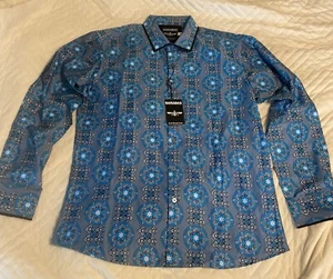 Neu mit Etikett Barabas Herren L LS Luxus Slim Fit blau Sterne geometrisches Muster Knopfleiste Hemd - Bild 1 von 10
