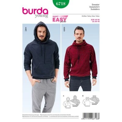 BURDA YOUNG 6718 MEN'S SWEATSHIRT Sewing Pattern Sizes 36 - 46 Skill: SUPER EASY - Image 1 of 4