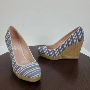 Enzo Angiolini Espadrille Wedge Pumps Women 9.5M Blue White Striped Closed Toe  - Picture 1 of 14