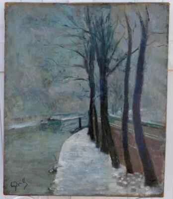 GRAND & BEL IMPRESSIONNISTE  1920...PAYSAGE HIVERNAL PRES D'UN CANAL..SIGNÉ ? - Photo 1/4