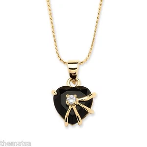 BLACK ONYX HEART SHAPED 14K GOLD PLATED PENDANT CHARM AND 18" NECKLACE CHAIN - Picture 1 of 1
