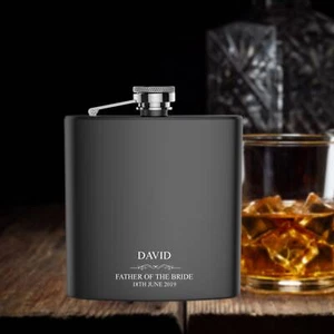Personalised engraved FATHER of the BRIDE hip flask gift idea, black coated - Picture 1 of 3