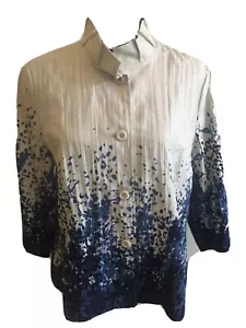 Coldwater Creek 14 Petite Gray Navy Linen Crinkle Jacket Lined 3/4 Sleeves New - Picture 1 of 11