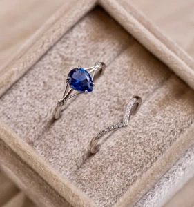 925 Sterling Silver Pear Cut Lab Created Sapphire Wedding Anniversary Ring Set - Picture 1 of 6
