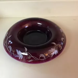 Fenton Plum Opalescent Hand Painted, Signed, Glass Bowl, Floral Design, Vintage - Picture 1 of 6