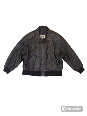 Chia 男式夹克皮革黑色全拉链口袋摩托车轰炸机夹克 XL — 第 1/4 张图片