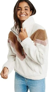 Women's Lapel Collar Half Zip Contrast Color Fluffy Fleece Sweatshirt Pullover W - Picture 1 of 8
