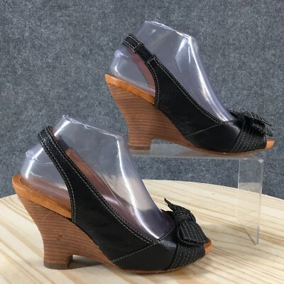 Naya Heels Womens 7.5 Wide Giada Slingback Black Leather Peep Toe Wedge Heels - Image 1 of 4