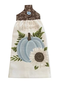 Fall Handmade Hanging Dishtowel "Hello Autumn" Blue Pumpkin White Towel - Picture 1 of 4