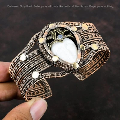 Brazalete envuelto en alambre de piedra lunar arco iris cara tallada blanca natural de cobre Foto 1 de 4