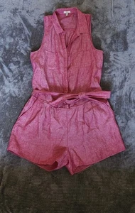 Joie Belted 100% Linen Romper Pink Cutout Back Pockets Chambray Shorts Sz LRG - Picture 1 of 11