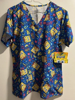 Spongebob Squarepants Ladies V-Neck Blue Scrub Top Size LARGE NEW NWT Official - Image 1 of 2
