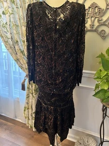 Vestido Vintage Años 80 Flapper Estilo Gatsby Con Cuentas Grande Marrón Chocolate Cintura Caída - Imagen 1 de 13