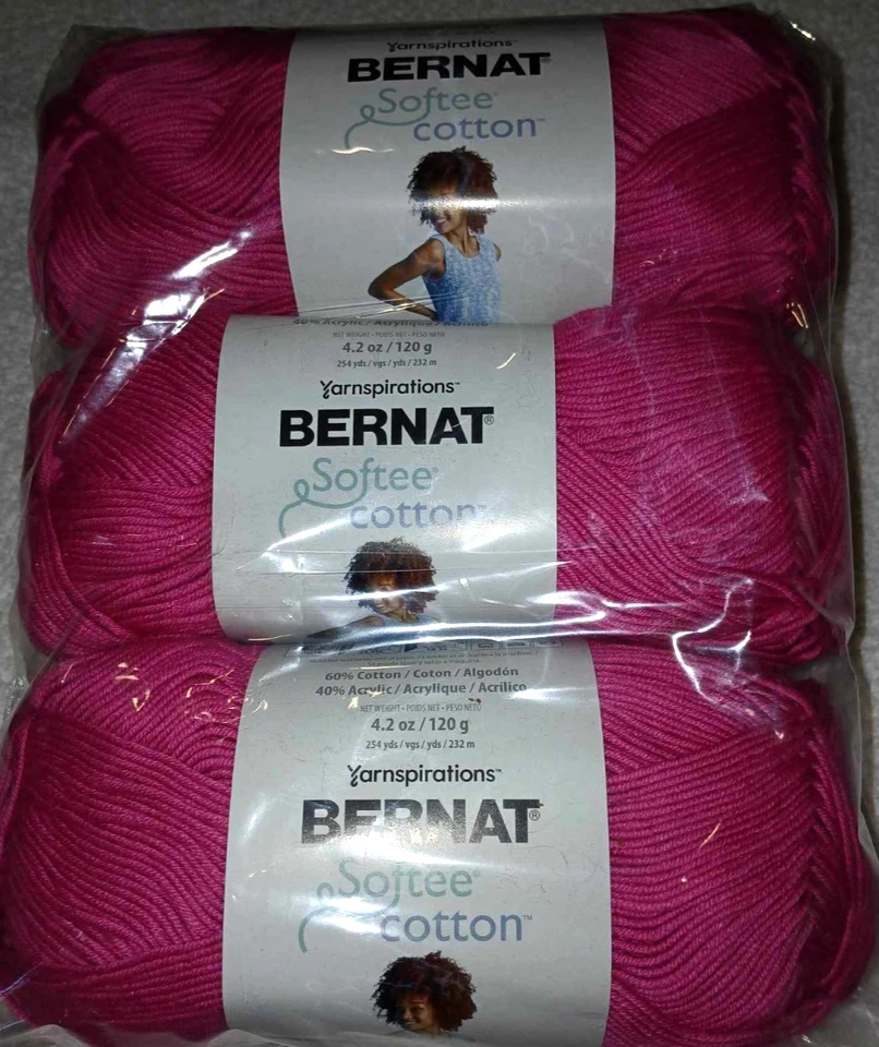 Bernat Softee Cotton Yarn Lot of 3 Skeins FUCSHIA Pink #3 Light Weight - Image 1 of 1