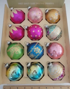 12 Vintage Shiny Brite Glitzer Glaskugeln Weihnachtsschmuck mit Box Made in USA - Bild 1 von 3