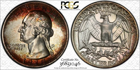 1938 Silver Proof Washington Quarter Certified PCGS PR67+ Toned CAC Cover