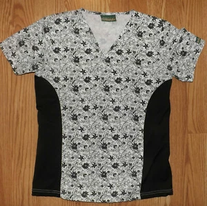 UA SCRUBS WOMENS SIZE SMALL BLACK, WHITE NURSING MEDICAL FLORAL TOP SCRUBS - Picture 1 of 5