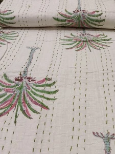 Indian palm tree Print Kantha Quilt Hand Block Print King Size Bedspread Blanket - Picture 1 of 13