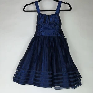 Un Deux Trois Girls Navy Dress 10 Ruched Top Flare Skirt Net Overlay - Picture 1 of 5