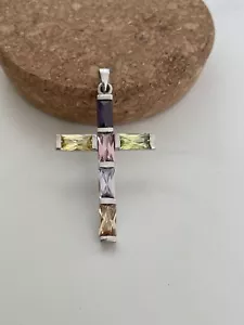 Sterling Silver Baguette Purple Amethyst Yellow Citrine Large Cross pendant - Picture 1 of 19