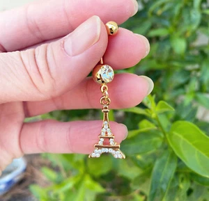 14Kt. Gold Plated Eiffel Multi Paved CZ Dangling Navel Belly Button Ring 14g - Picture 1 of 2