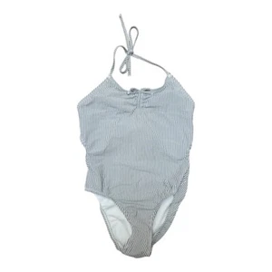 Gap Kids Seersucker 1Pc Swimsuit Open Back Sz M Gray White Micro Stripe EUC - Picture 1 of 9