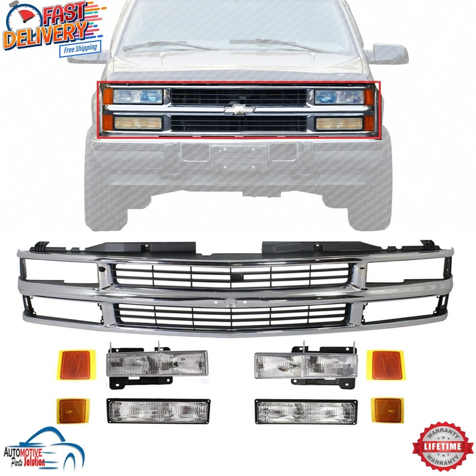 NEW FRONT CHROME GRILLE AND HEADLIGHT KIT FOR 1994-1999 CHEVROLET C1500 SUBURBAN - Image 1 of 4