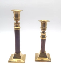 Vintage Brass + Wood Candlesticks Set of 2 MCM Candle Holder - Picture 1 of 6