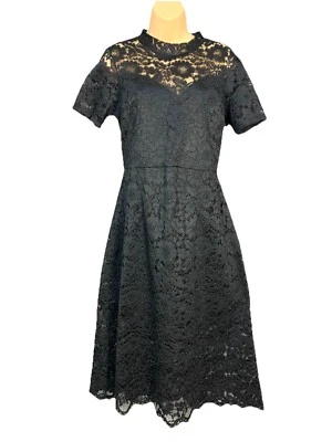 NEXT Short Sleeve Lace Overlay Dress UK 14 Black Scalloped Lined Occasion BNWT - Image 1 of 4