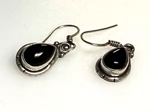 Vintage Sterling Silver 925 Earrings Hook Black Agate 3.93g - Picture 1 of 5