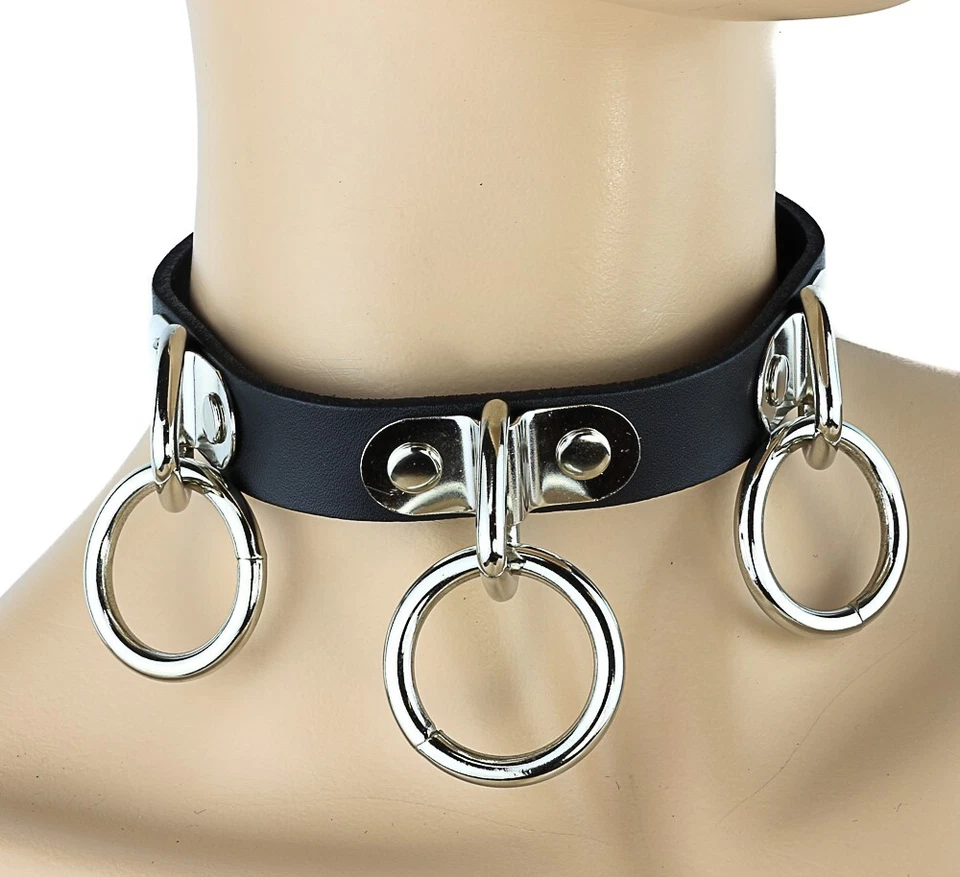 Gothic Punk Round Rivet 3 O Ring Pendant Choker Collar Black Leather Necklace - Image 1 of 1