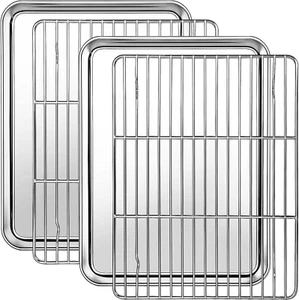 Stainless Steel Pan Quarter Sheet with Cooling Rack Set 2 Baking Sheets +2 Racks - Picture 1 of 8