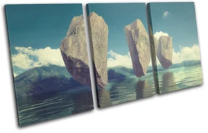 Floating Rocks Lake Surrealism Fantasy TREBLE CANVAS WALL ART Picture Print - Picture 1 of 1