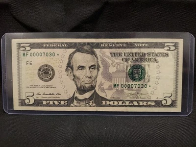 Rare 2013 US $5 Five Dollar Star Note MF00007030* Fancy Low Serial Number - Image 1 of 4