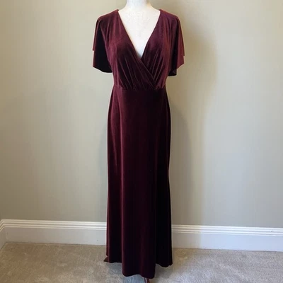 Платье макси Jenny Yoo Ellis эластичное бархатное размер 12 бордовое с развевающимся рукавом романтическое - Изображение 1 из 4