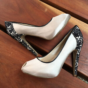 Nine West Cream/Beige Black Satin Lace Heels Peep-toe Shoes Wedding 8w UK 6 NEW