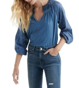 Lucky Brand Womens NWT Embroidered Split Neck Peasant Top Blue XS - Picture 1 of 1